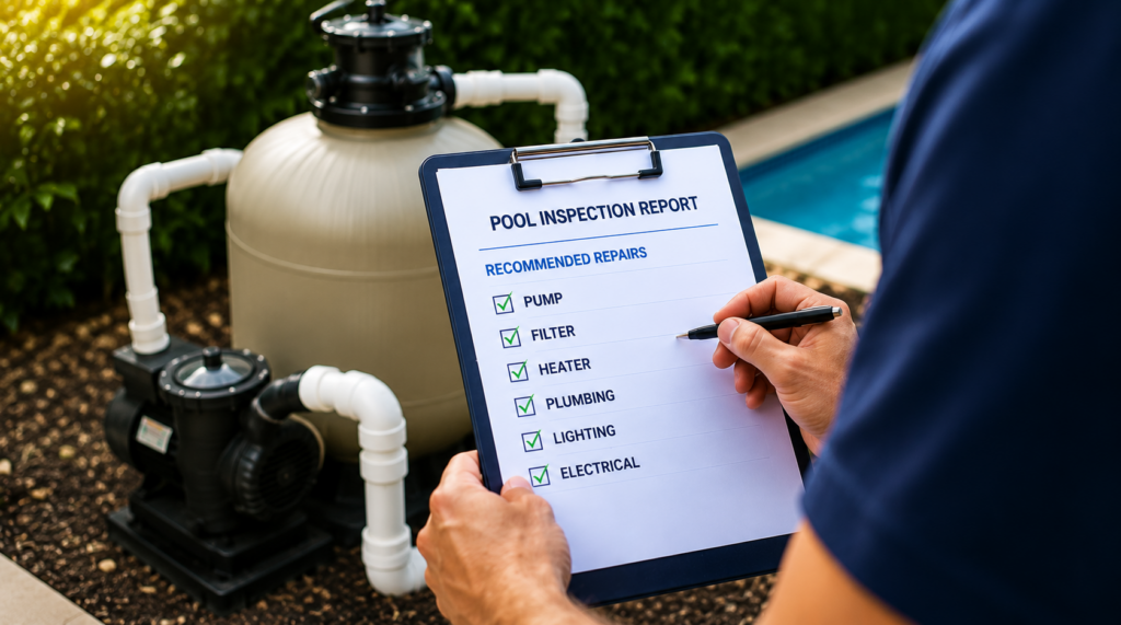 Pool technician reviewing a repair checklist beside residential pool equipment to complete inspection-related repairs before closing.